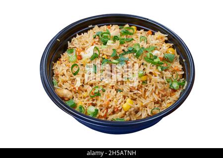 Delivery round box with chicken and Rice. Isolated with clipping path Stock Photo