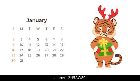 Cute cartoon tiger January 2022 calendar horizontal template. Stock Vector