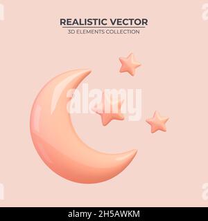 Abstract moon or crescent with stars. Glossy 3d crescent with bright stars. Moon or crescent. Space futuristic creative design. Vector illustration Stock Vector
