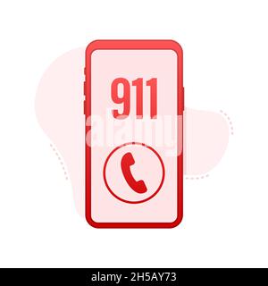 911 smartphone in flat style. Call icon vector. Hand holding smartphone. First aid. Finger touch screen. Vector stock illustration. Stock Vector
