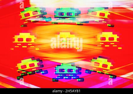 8-Bit Alien invaders on a abstract background Stock Photo