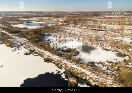 Aerial view of a winter day with snow in Haaksbergerveen nature reserve, Overijssel, The Netherlands Stock Photo