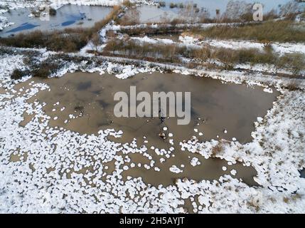 Aerial view of a winter morning in the nature reserve Haaksbergerveen, Overijssel, The Netherlands Stock Photo