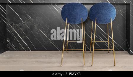 Marble island and Blue velvet bar stools with golden legs in modern kitchen interior with wood floor Stock Photo