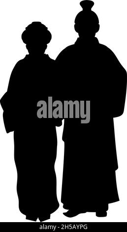 Silhouette of man and woman in national asian costume. Stock Vector