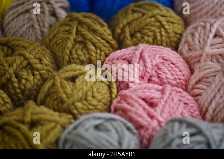 Balls of wool. Horizontal image with selective focus. Stock Photo