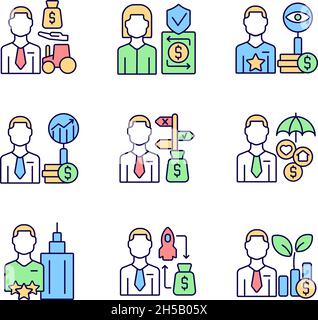 Finance jobs RGB color icons set Stock Vector
