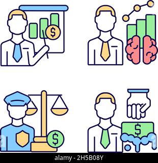 Finance literacy and law RGB color icons set Stock Vector
