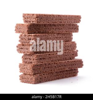 chocolate flavored wafers, crispy, light, thin and flat brown color biscuits, closeup isolated on white background Stock Photo