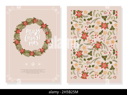 Cute hand drawn artistic templates, Merry Christmas card designs with branches, flowers and decoration and frames, great for cards, invitations. Stock Vector