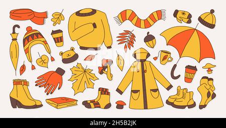 set of icons symbolizing autumn, bright cartoon childish style Stock Vector