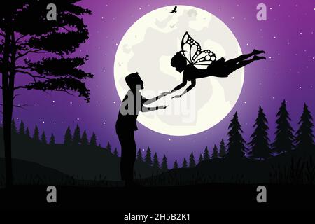 cute fairy fall in love silhouette landscape Stock Vector