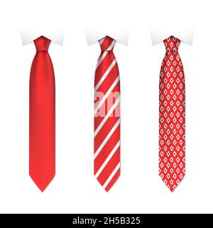 Set of red men ties on white background, realistic vector illustration close-up Stock Vector