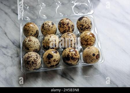 A dozen quails eggs in a plastic container on a marbled background Stock Photo