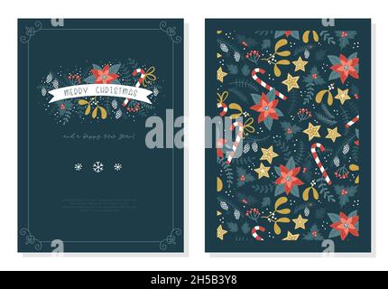 Cute hand drawn artistic templates, Merry Christmas card designs with branches, flowers and decoration and frames, great for cards, invitations. Stock Vector