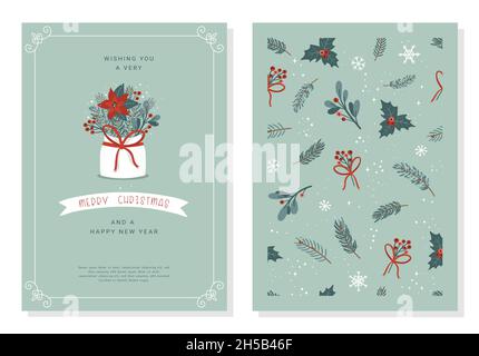 Cute hand drawn artistic templates, Merry Christmas card designs with branches, flowers and decoration and frames, great for cards, invitations. Stock Vector