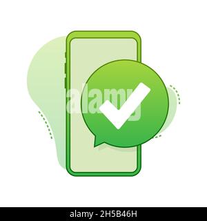 Smartphone with checkmark or tick notification in bubble. Approved choice. Accept or approve checkmark. Vector stock illustration Stock Vector