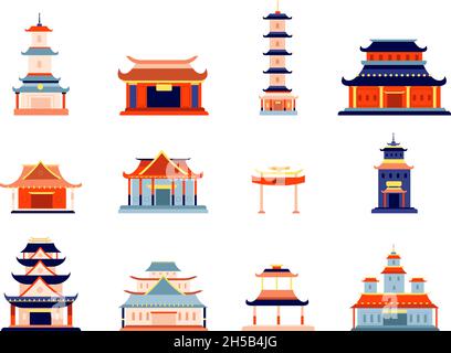 Asian style buildings. Chinese temple building, traditional pagoda architecture. Korean, japan oriental home. Ancient landmark utter vector set Stock Vector