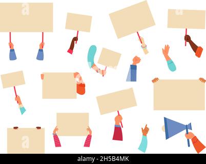 Hands hold placards. Hand sign, worker with blank protest banner. Peace symbol, arm holding megaphone. Flat demonstration decent vector posters Stock Vector