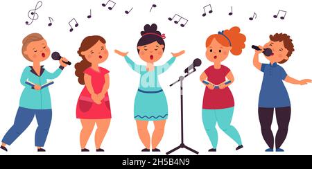 Kids choir. Cute singing kid, vocal art girl singer. Cartoon musical children concert, song show. Isolated music band decent vector characters Stock Vector