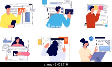 People develop app. Web development, developer easy information update. Abstract banners, phone application or software designer utter vector set Stock Vector