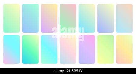 Pastel gradient set. Beauty turquoise soft gradients, smartphone screen template. Yellow blue green phone ui elements. Mobile recent vector wallpaper Stock Vector
