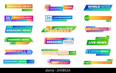 Breaking news bars. Text frames bar, banners or name strip for tv sports title. Modern broadcast header, video stream or show recent vector element Stock Vector