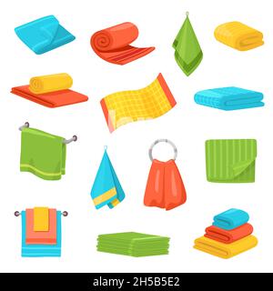 Cartoon towels. Bath material towel, fluffy cotton textile for bathroom. Fabric accessories pile, colorful beach or hotel textile recent vector set Stock Vector