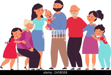 Big family together. Cute people, mom grandpa grandmother with baby. Flat standing group, cartoon grandparents and kids decent vector characters Stock Vector