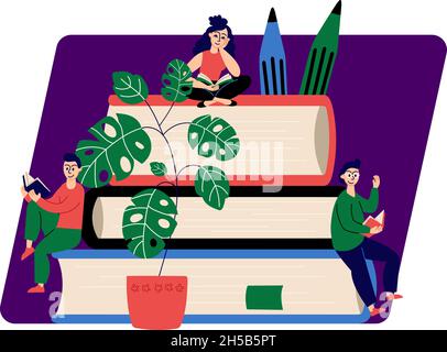 People reading books. Students on book pile, library or education concept. Bookstore illustration, dreaming girl and clever boys vector characters Stock Vector
