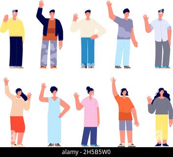 Diverse casual characters. People community, happy young women group. Cartoon student hello hand gesture, friendly boys girls utter vector set Stock Vector