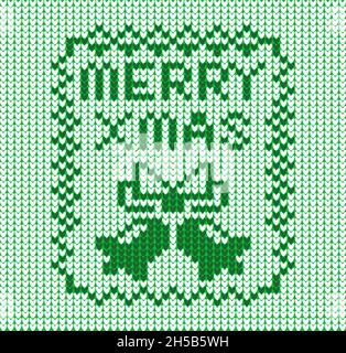Green knitting pattern in ugly sweater style with jingle bells and Merry Xmas text Stock Vector