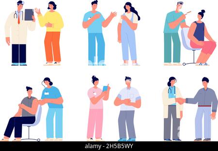 Doctor and patients. Doctors with patient, medic speaking with people. Hospital team consult, healthcare clinic vaccination utter vector characters Stock Vector