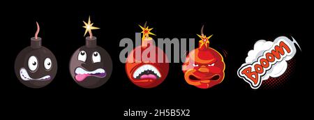 Bomb explosion animation. Cartoon bombs, funny wicked emoji. Comic boom and awesome game vector characters Stock Vector