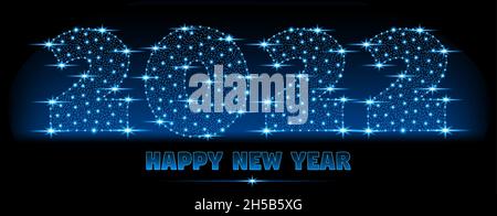 Numbers 2022 made from neon stars. Happy New Year and Christmas. Bright luminescent lettering on a dark background. Vector illustration. Stock Vector