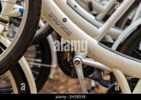 White bicycles are available free of charge in the Nationalpark De Hoge Veluwe in Otterlo, Netherlands Stock Photo