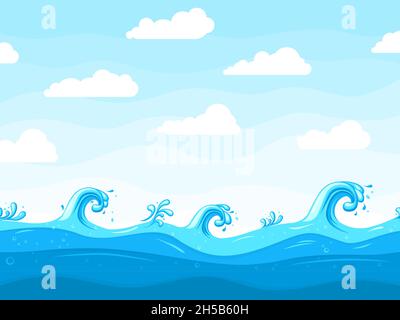 Sea waves background. Ocean wave pattern, water surface or beach landscape. Cartoon sky white clouds, blue splashes recent vector illustration Stock Vector