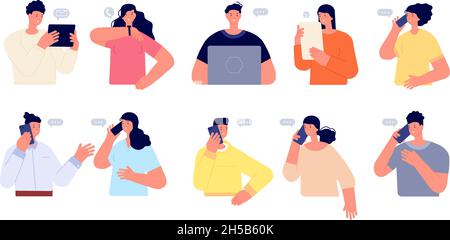 People chatting online. Person work with computer, business from home. Adults working, smartphone user talking. Women in chat utter vector characters Stock Vector