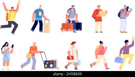 Travel people with luggage. Traveller vacation, family tourist in airport. Isolated hurry to departure young trip characters utter vector set Stock Vector