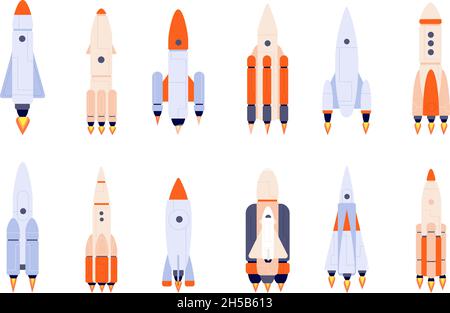 Flat rocket. Space rockets, spaceship start up or idea launch. Isolated shuttle on start, cartoon business development metaphor utter vector icons Stock Vector