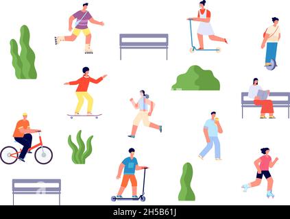 Happy park walking. Joyful parks people group, walk and ride characters. Outdoor activity, cycling and reading on nature utter vector concept Stock Vector