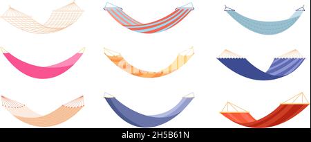 Hammocks. Relaxation hammock, modern relax lifestyle decoration. Isolated fabric swing for beach or summer outdoor recreation rest vector set Stock Vector