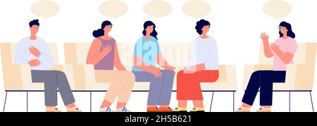 Therapy support group. Addiction group, female doctor on couch meeting. Supporting patient, psychologist consulting session utter vector concept Stock Vector