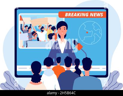 Live news. Cartoon tv broadcast, sport fans or journalist interview. Television media studio, breaking reporting about protest utter vector concept Stock Vector