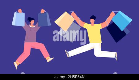 Happy people with purchase. Guy shopping, customer hold shop bags. Ecommerce, crazy sales or surprise. Couple buy on discount utter vector concept Stock Vector