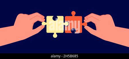 Business cooperation concept. Symbol connecting, puzzle pieces in two hands. Partnership collaboration teams, businessman partners utter vector Stock Vector