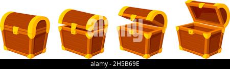 Cartoon treasure chest. Wooden chests, animation open empty wood box. Game icons or mysterious elements, vintage opened closed recent vector design Stock Vector
