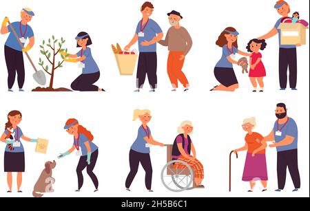 Volunteer care. Old people nurse, isolated young human helping senior. Volunteers service, helpful person and nursing for elderly decent vector set Stock Vector