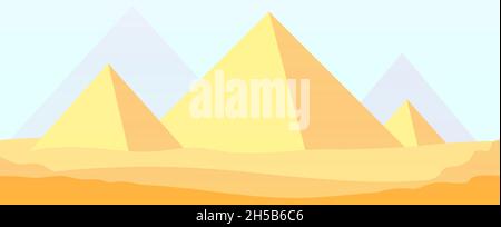Egypt pyramids background. Ancient sunlight pyramid landscape, old history architecture. Flat cartoon egyptian desert utter vector panorama Stock Vector