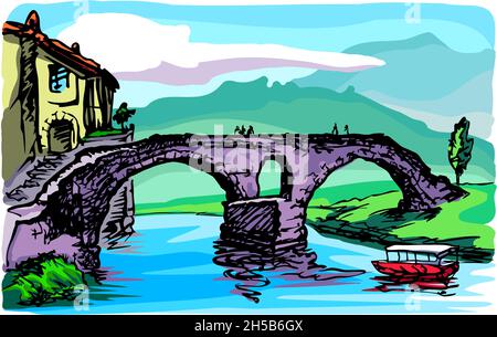 The old stone bridge over the river, a piece of the city and a pleasure boat on a summer sunny day against the backdrop of mountains. Stock Vector